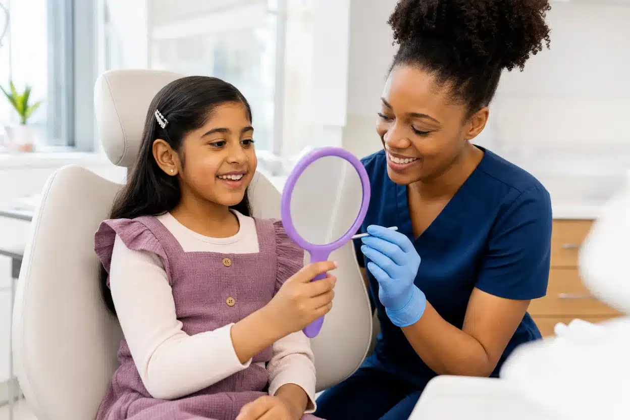 A child at a dental appointment with a hygienist